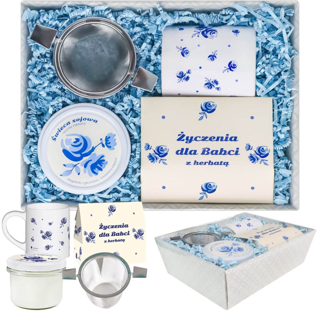 Gotowy zestaw prezentowy Życzenia dla Babci herbata sypana PREMIUM mix 5 smaków w saszetkach zaparzacz kubek świeca prezent upominek na Dzień Babci 1