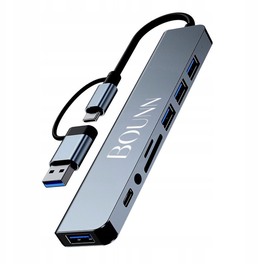 Bounn Hub USB-C + USB-A 8w2 rozdzielacz 3xUSB 2.0 Sd/Tf USB-C miniJack USB 3.0 1
