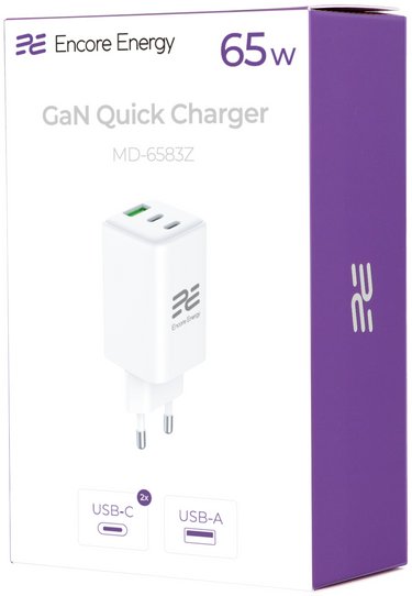 Ładowarka sieciowa GaN 65W USB-A + 2x USB-C QC PD Encore Energy MD-6583Z standard 1