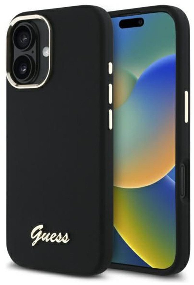 Etui silikonowe Guess Silicone Script Metal Logo & Frame do iPhone 16 Plus, czarne 1
