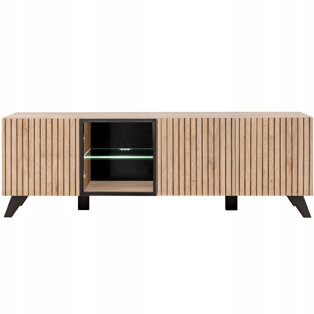 Szafka RTV LIAM - Przeszklona + Oświetlenie LED | Dąb + Czarny Mat | 160 cm 1
