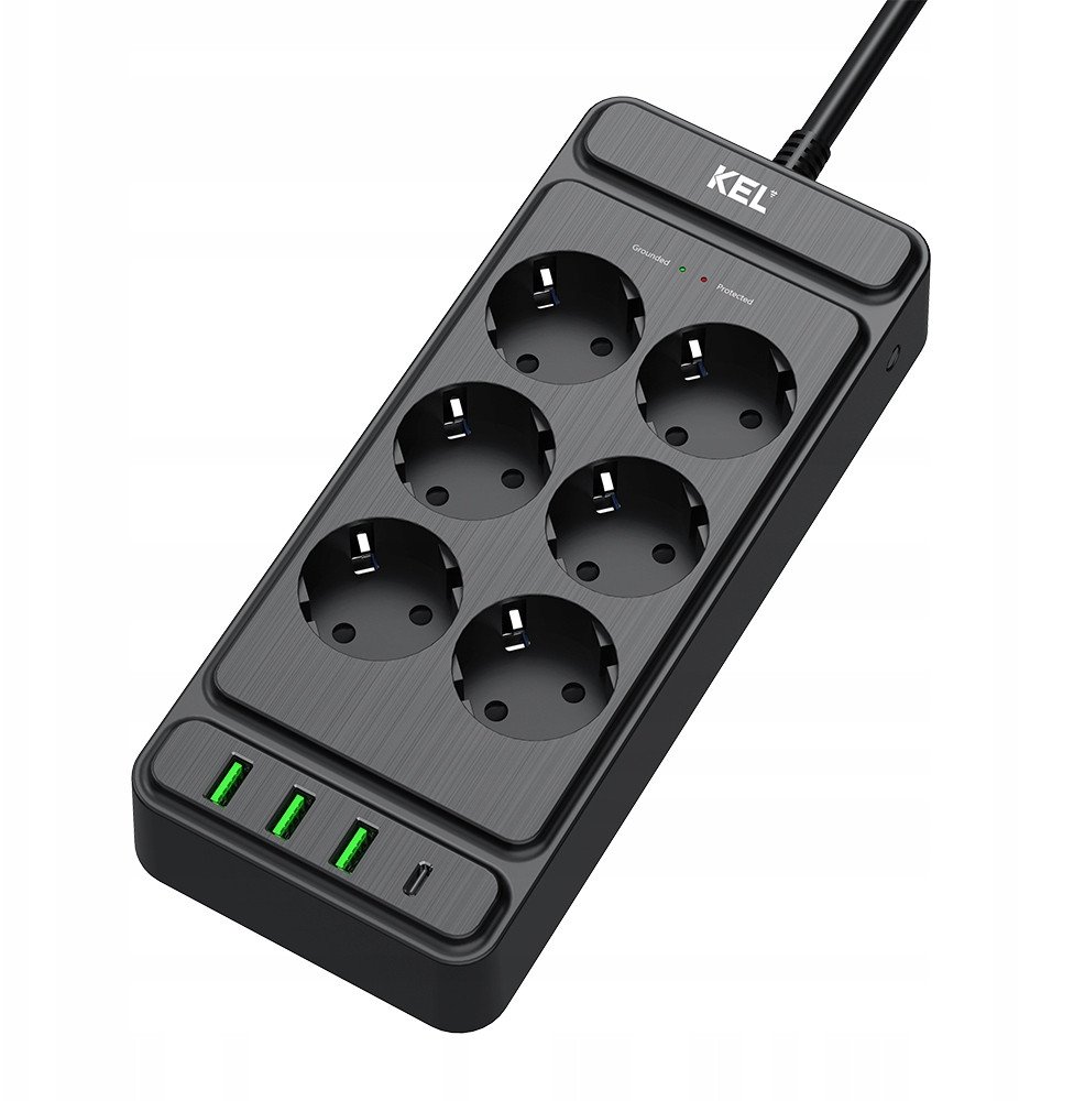 Przedłużacz stały z sześciokrotnym gniazdem wtyczkowym 2p+Z oraz gniazdami USB A, USB C, 2m, SCHUKO ; KEL 1