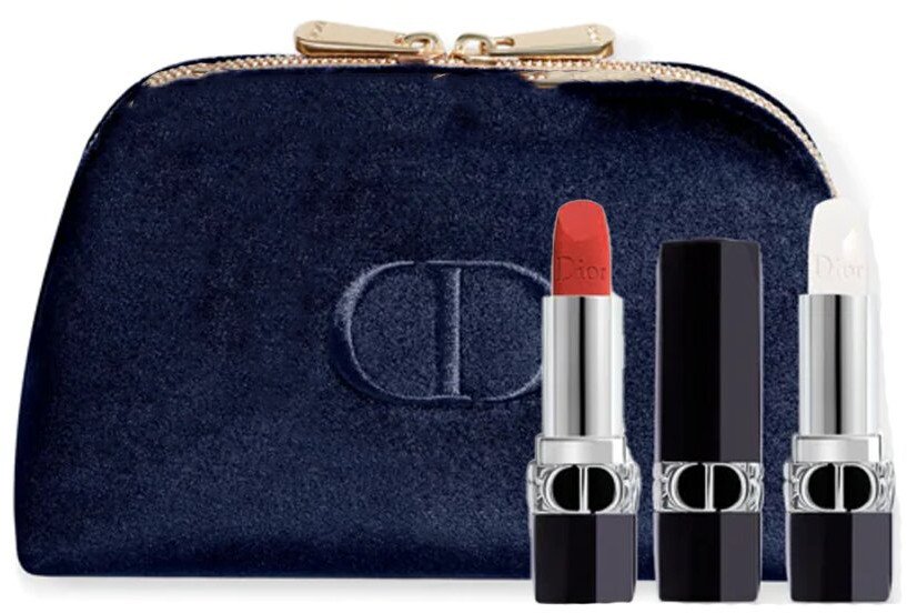 Set Christian Dior: Couture Colour, Velvet, Cream Lipstick, 720, Icone, Refillable, 3.5 ml + Couture Colour, Lip Balm, 000, Diornatural, Refill, 3.5 g + Textile Makeup Bag, Blue For Women 1