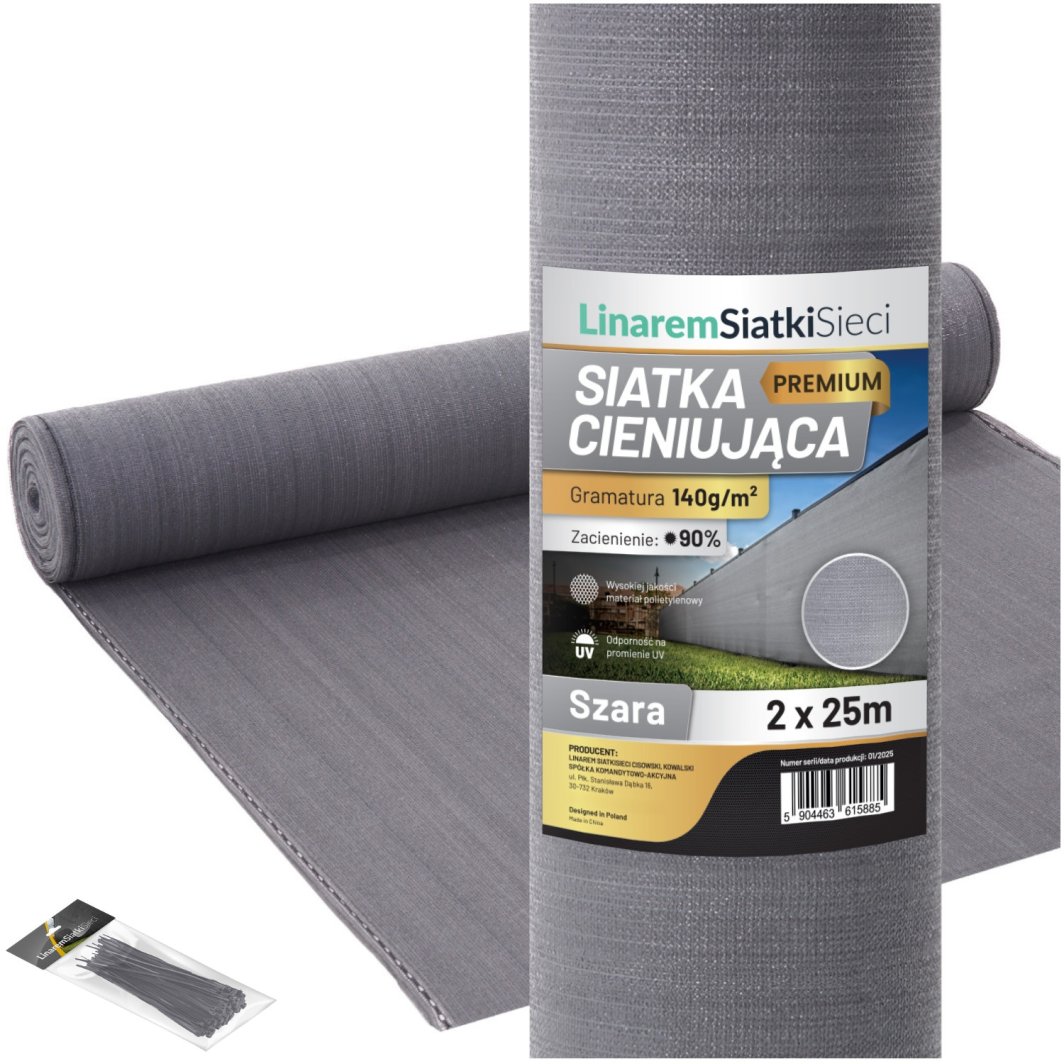 SIATKA CIENIUJĄCA 90% MASKUJĄCA 2x25m OSŁONA NA PŁOT OGRODZENIE SZARA +UV 1