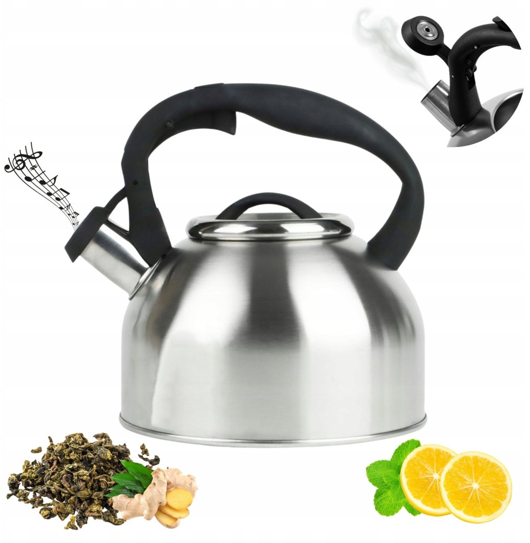 SREBRNY CZAJNIK Z GWIZDKIEM TRADYCYJNY 2,5 L INDUKCJA GAZ STAL NIERDZEWNA 1