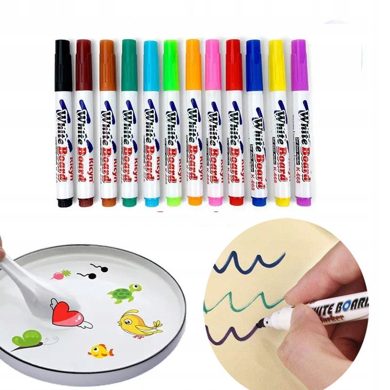 ZESTAW PISAKÓW MARKERÓW 12 sztuk TABLIC SUCHOŚCIERALNYCH MAGICZNE NA WODZIE 1