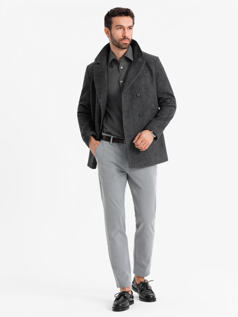 Krótki dwurzędowy męski płaszcz z wełną  grafitowy V1 OM-COWC-0115 XL 1