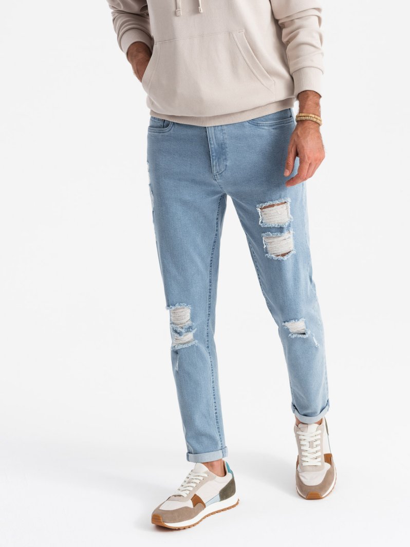 Washowane męskie jeansowe spodnie TAPERED FIT z przetarciami  błękitne V1 OM-PADP-0163 L 1