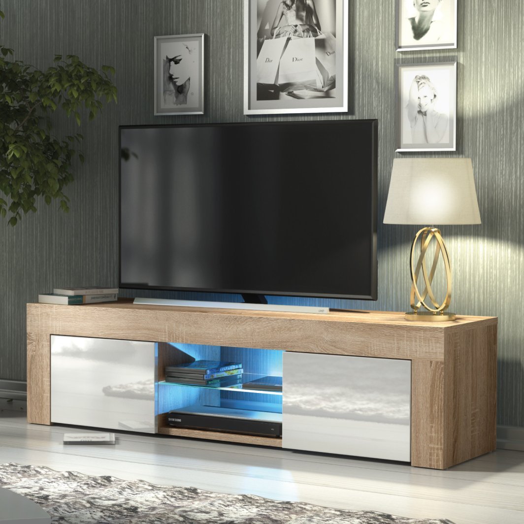 Szafka RTV 130cm ONE FURNITURE - Dębow Laminat & Białe Drzwi 1