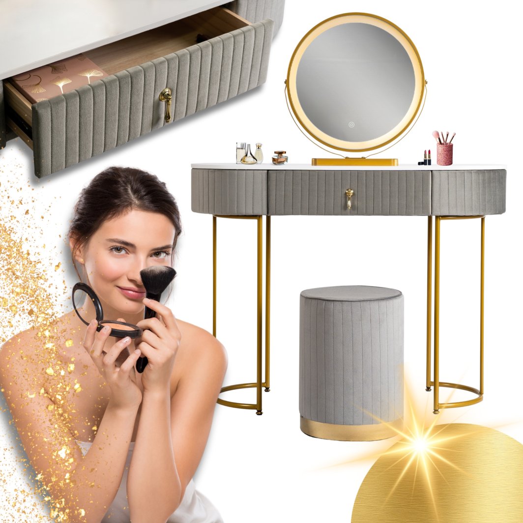 Toaletka z Lustrem LED dla Dziewczynki SARAH Szara z Szufladą z Pufą 1