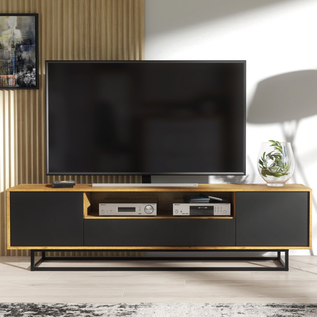 Szafka RTV Rift 200cm Loft ONE FURNITURE - Laminat Dębowy & Czarny 1