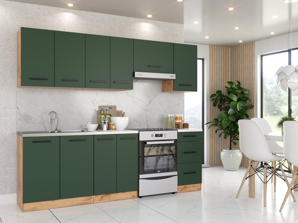 Kuchnia Mokka 2.4m Mała Modułowa Blat Wotan San Sebastian Butelkowa Zieleń