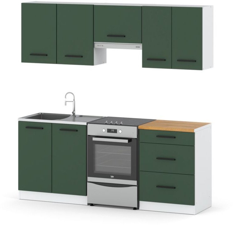 Zestaw Kuchenny Mały Nowoczesny Pojemny Z Blatem 2m Biały Butelkowa Zieleń