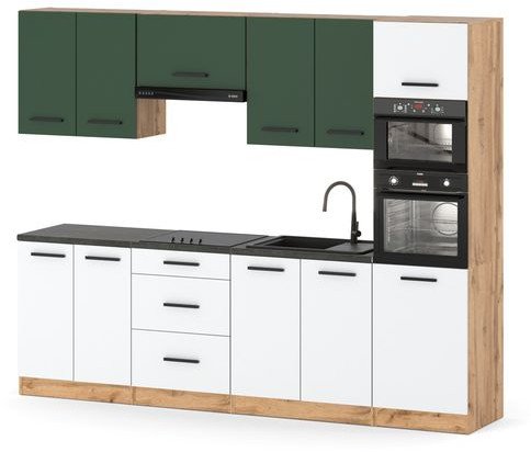 Kuchnia Słupek Modułowa Z Blatem Pojemna 2.6m Wotan Butelkowa Zieleń Biały