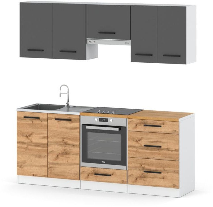Zestaw Kuchenny Modułowy Nowoczesny Z Blatem 2.0m Mały Biały Szary Wotan
