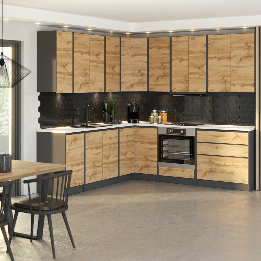 Kuchnia Bella Narożna Piekarnik Modułowa 4.4m Szary Biały Mat Dąb Wotan