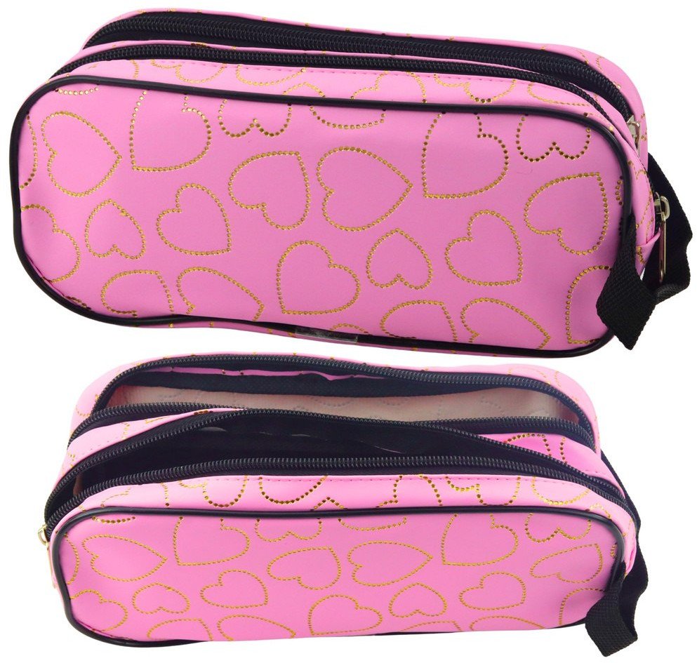 Piórnik Szkolny Biurowy Dwukomorowy Złote Serca Różowy 23,5x10 cm LEAN