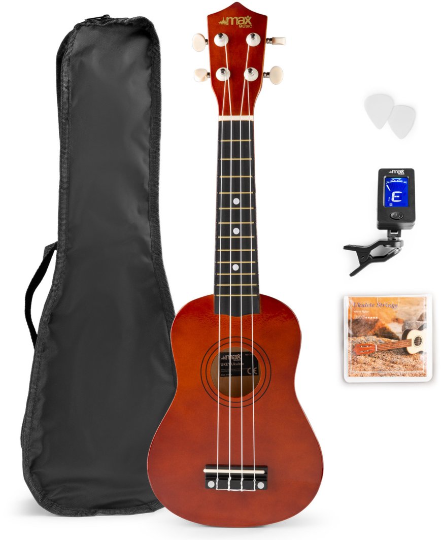 Zestaw: Ukulele sopranowe Max UKEY brązowe+ tuner dwie kostki struny pokrowiec one size 1