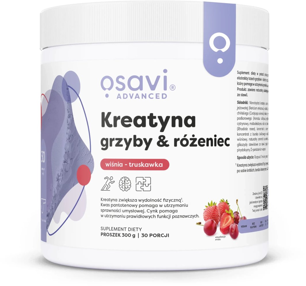 Osavi - Kreatyna, Grzyby & Różeniec, Wiśnia - Truskawka, Proszek, 300g 1