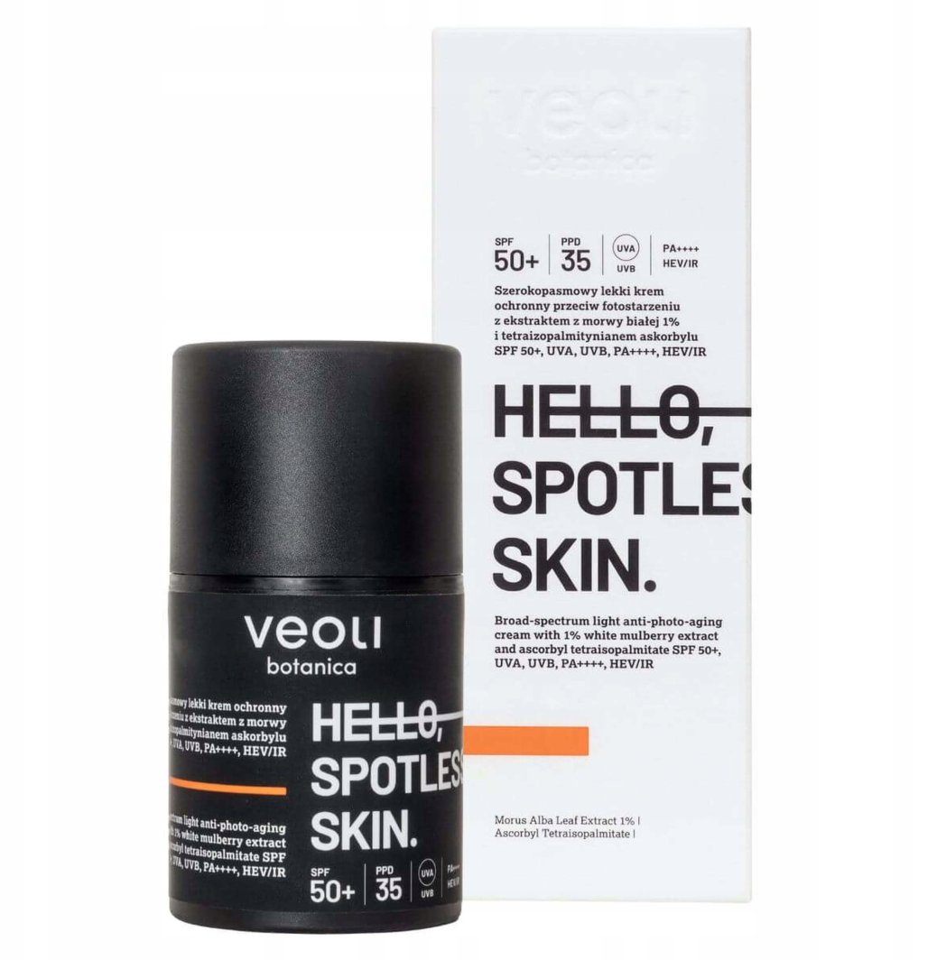 VEOLI BOTANICA_Hello Spotless Skin szerokopasmowy lekki krem ochronny przeciw fotostarzeniu z ekstraktem z Morwy Białej 1% i Tetraizopalmitynianem Askorbylu SPF50+ 50ml 1