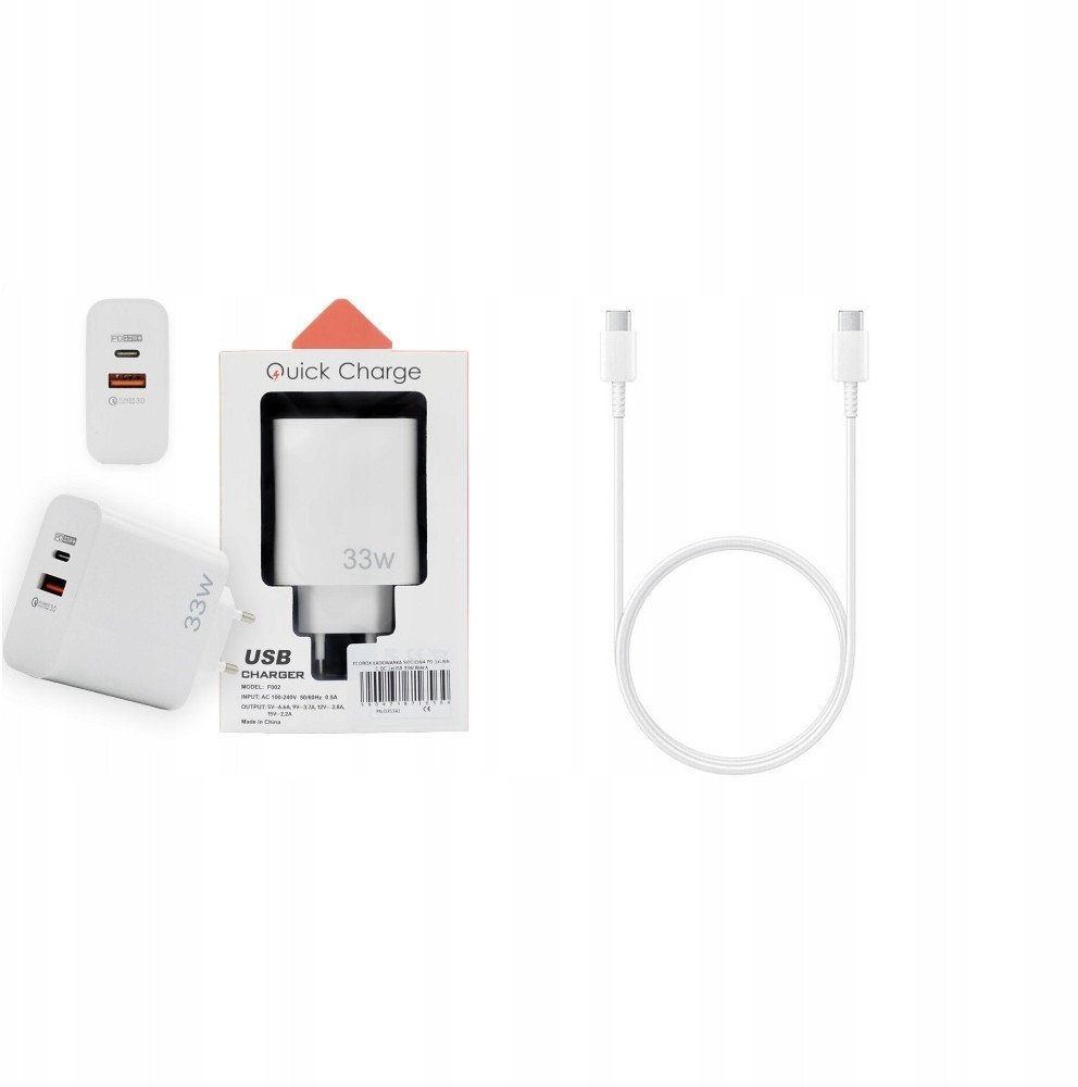 ECOBOX ŁADOWARKA SIECIOWA PAX TYP-C PD 1xTYP-C 1xUSB 33W DUAL BIAŁA + KABEL USB PD TYP-C DO TYP-C 3A BIAŁY 1M 1