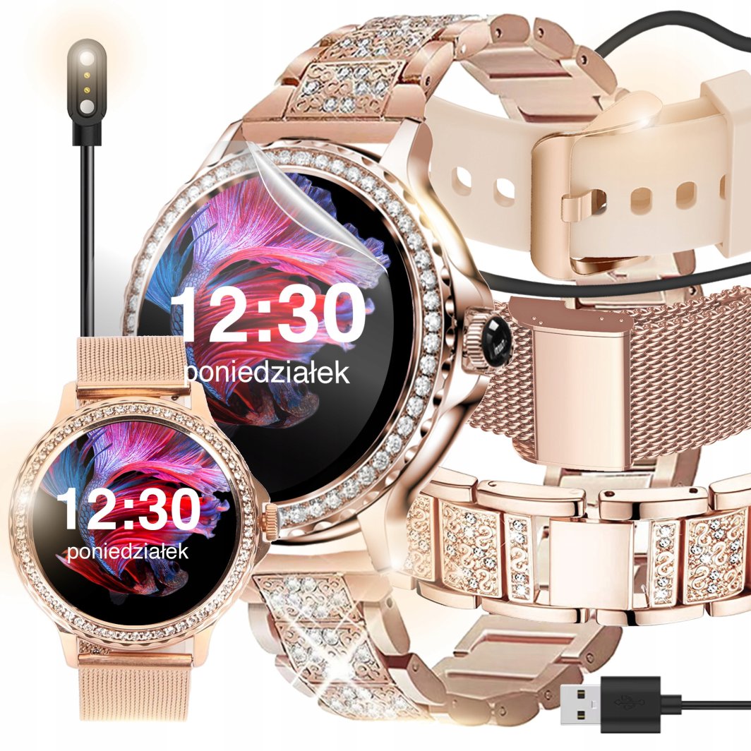 SMARTWATCH ZEGAREK DAMSKI POLSKIE MENU ROZMOWY CIŚNIENIE PULS CYRKONIE 1