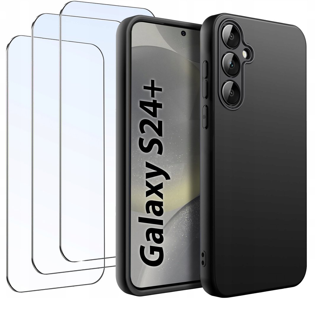 ZESTAW Etui do Samsung S24+ Plus Matowe Czarne Silikon Slim +3 SZTUKI SZKŁO 1