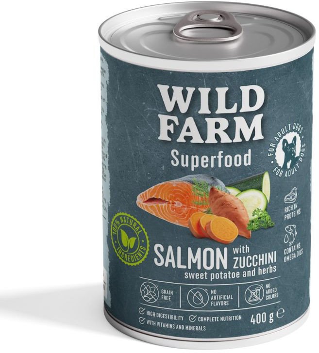 WILD FARM Superfood Salmon (Łosoś z cukinią, słodkimi ziemniakami i ziołami) 800g bezzbożowa karma dla psa 1