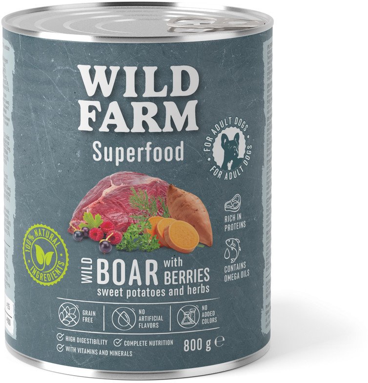 WILD FARM Superfood Wild Boar (Dziczyzna z batatami, jagodami i ziołami) 800g bezzbożowa karma dla psa 1