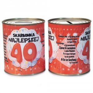 skarbonka metalowa puszka urodzinowa z napisem "Skarbonka Najlepszej 40" 1