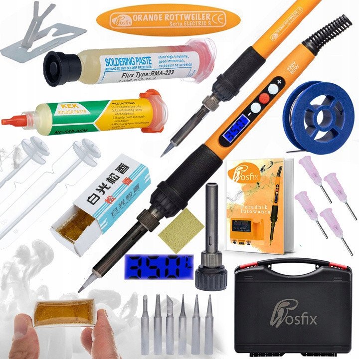 Rosfix Zestaw 10w1 lutownica Orange Rottweiler+Walizka 253x213x72mm+Topnik flux lutowniczy RMA-223 z tłoczkiem i igłą+Topnik NC-559-ASM+Pasta 60ml ZJ-18 1