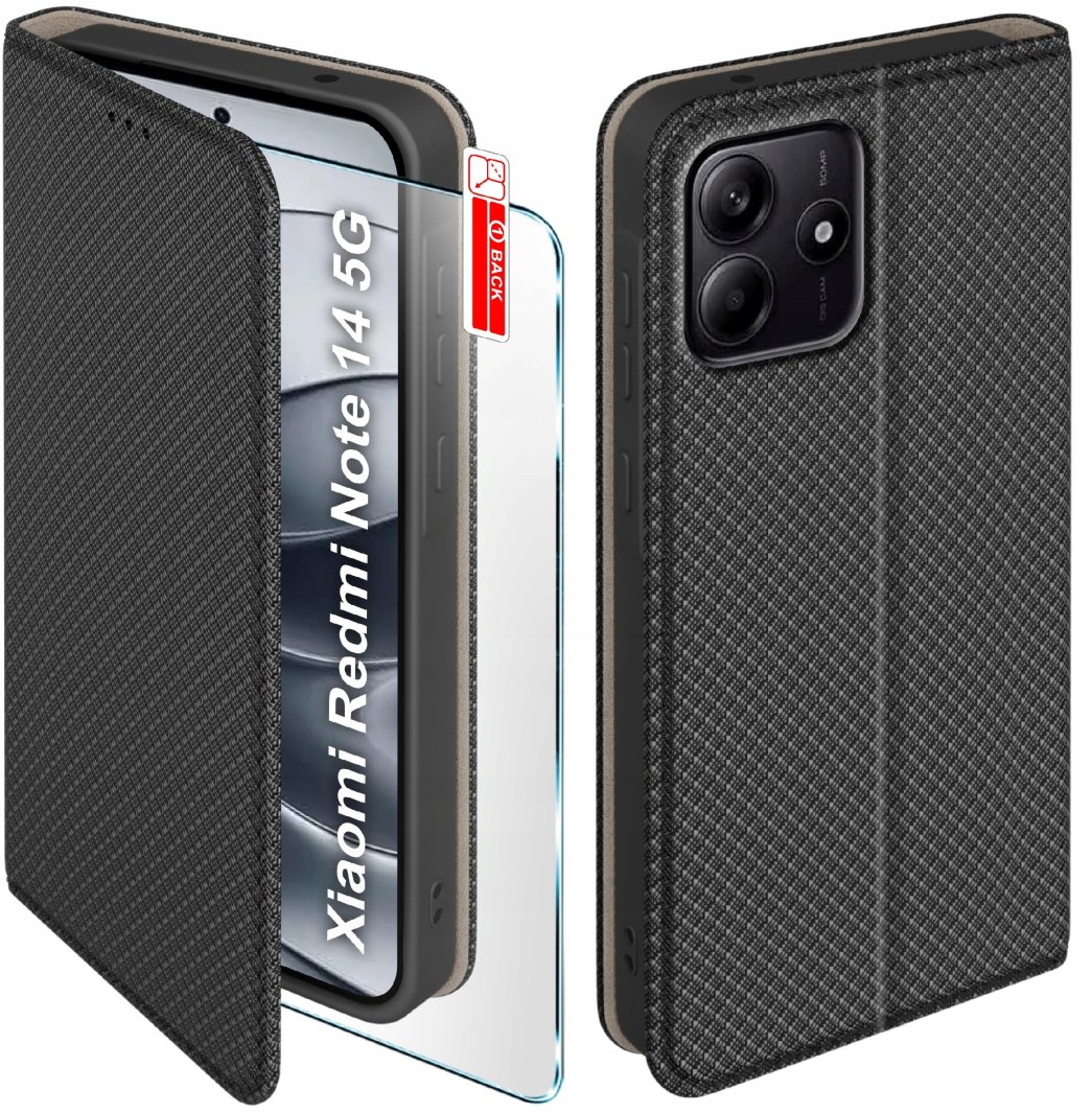 Etui z klapką do Xiaomi Redmi Note 14 5G Zamykane Czarne Futerał + Szkło 9H 1