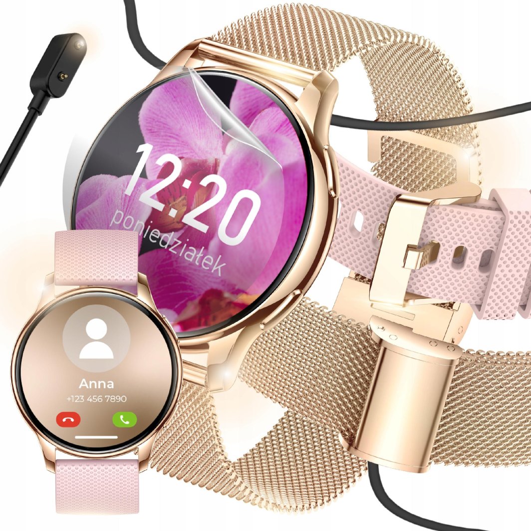 SMARTWATCH ZEGAREK DAMSKI POLSKIE MENU ROZMOWY POWIADOMIENIA SPORT ZLOTY 1