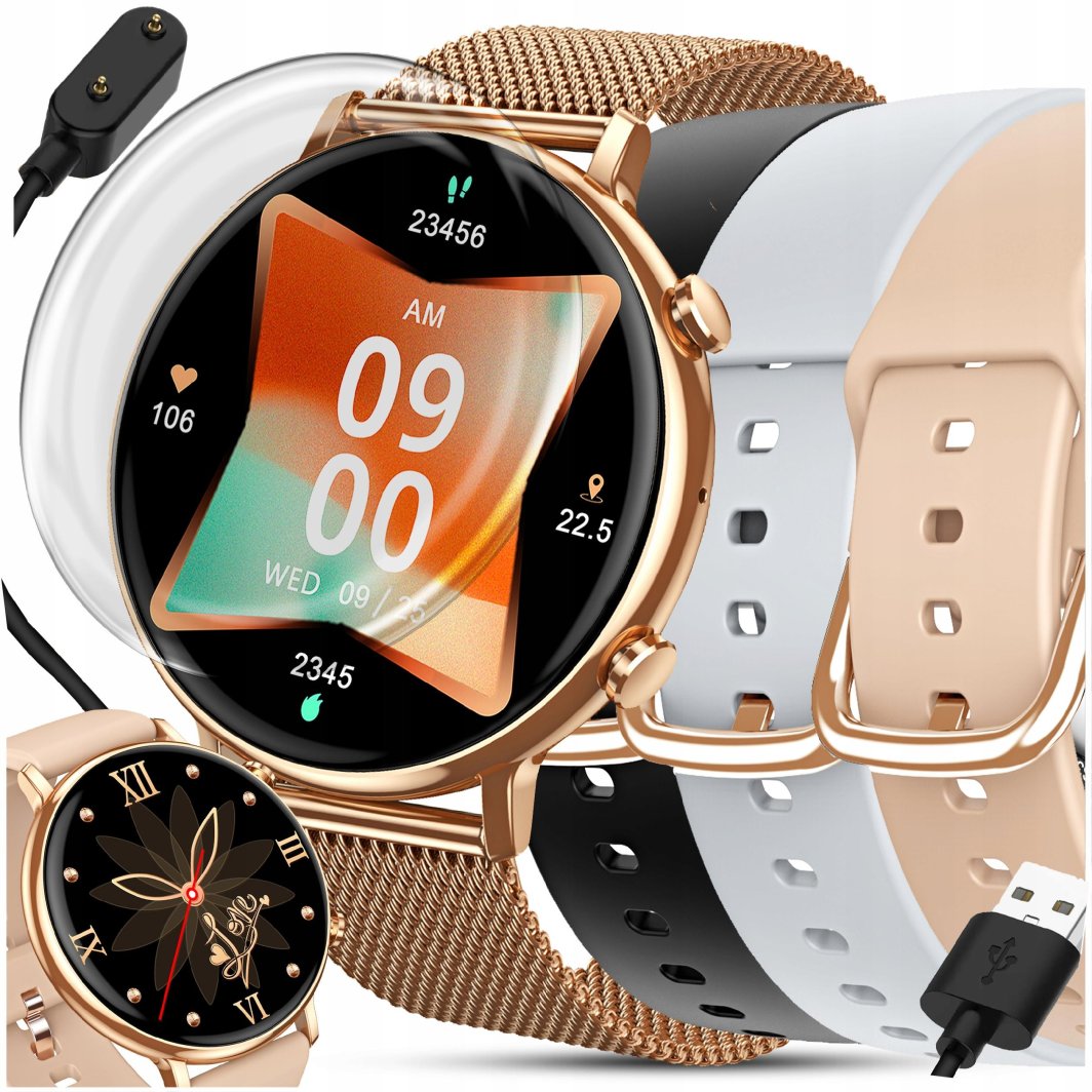 SMARTWATCH ZEGAREK DAMSKI POLSKIE MENU ROZMOWY POWIADOMIENIA SPORT 4 PASKI 1