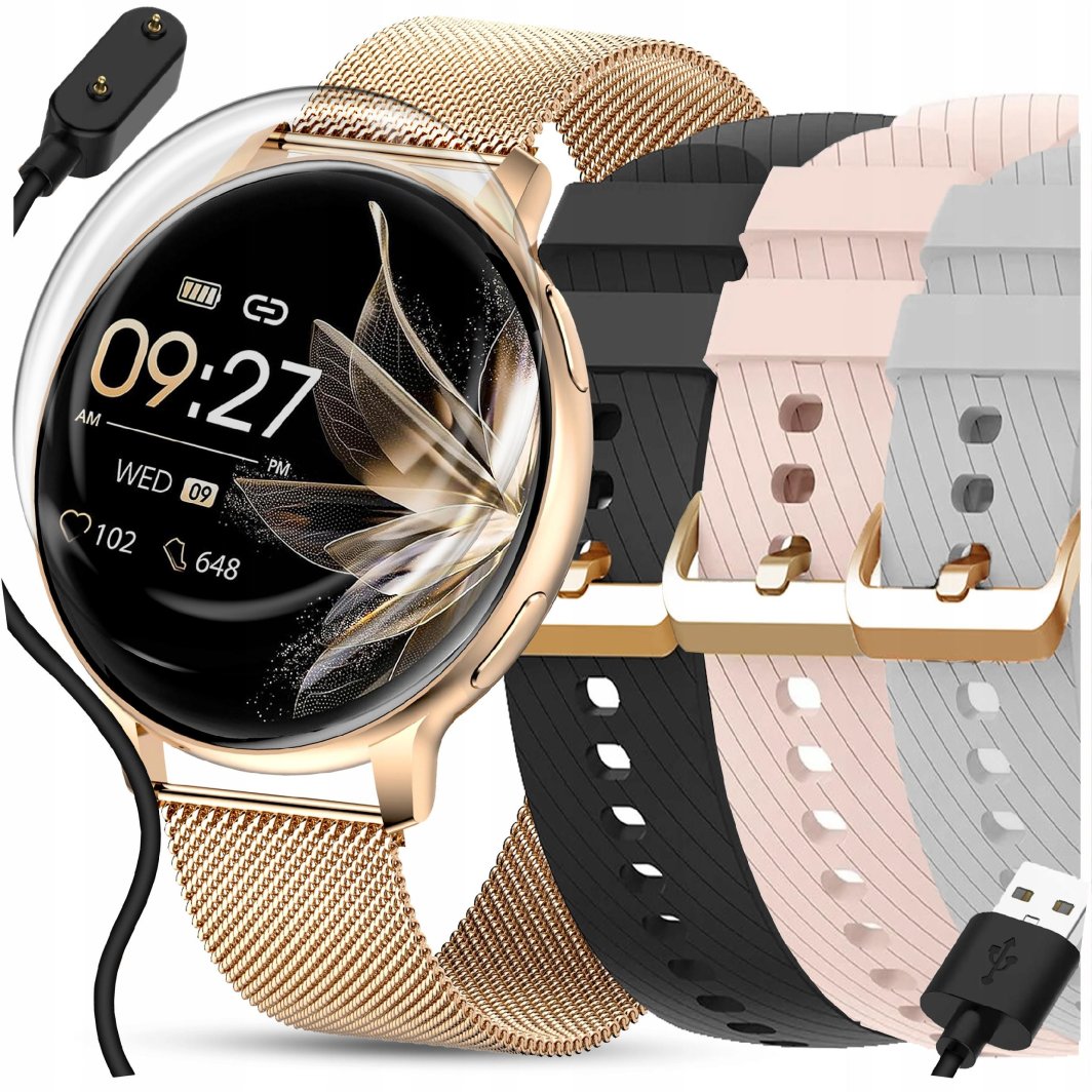 SMARTWATCH ZEGAREK DAMSKI POLSKIE MENU ROZMOWY WIADOMOŚCI 4 PASKI 1