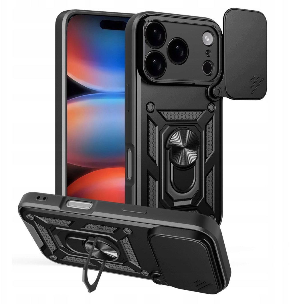 Etui Hybrid Armor Camshield na iPhone 17 Pro Max pancerne z podstawką i osłoną aparatu - czarne
