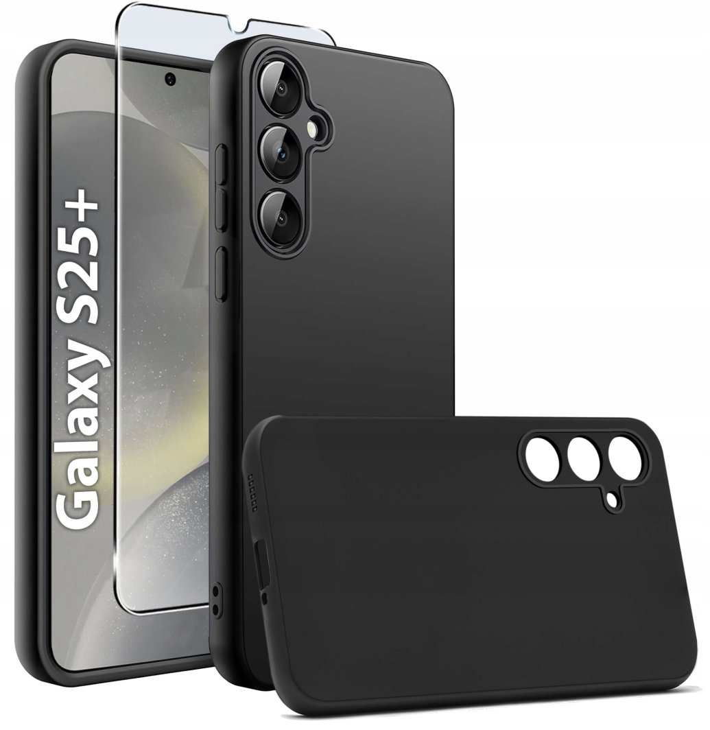 Etui do Samsung S25+ Plus CASE Gumowe CZARNE Matowe Silikon Slim + SZKŁO 9H 1