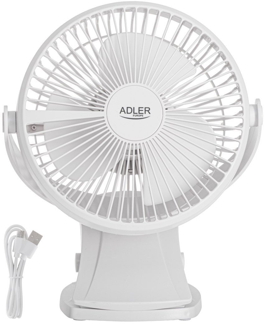 Adler Rechargeable Clip-on Desk Fan | AD 7342 | Table Fan | Baltas | Diameter 15.5 cm | Greičių skaičius 3 | Oscillation | 5 W 1
