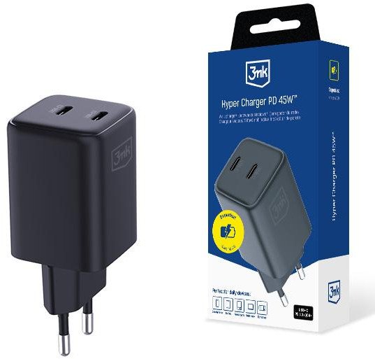 3mk Hyper Charger PD 45W GaN QC4+ PPS 2C Super-Fast Charge 2.0 Black 1