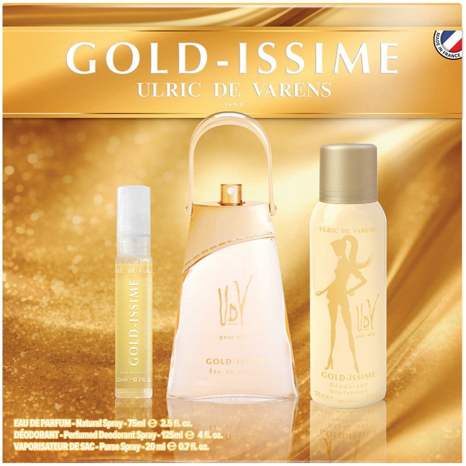 Set Ulric De Varens: Gold Issime, Eau De Parfum, For Women, 75 ml + Gold Issime, Eau De Parfum, For Women, 20 ml + Gold Issime, Deodorant Spray, For Women, 125 ml For Women 1