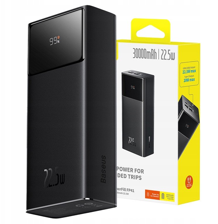 Powerbank Baseus EnerFill FP41 30000mAh 22.5W z kablem Baseus Simple USB-A - USB-C 3A 30cm - czarny 1