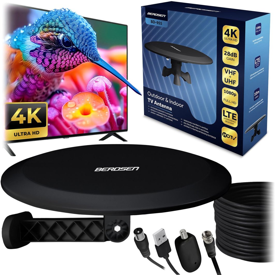 Antena wewnętrzna zewnętrzna TV ultra HD 4K Berdsen BD-955 czarna EDUKAMP 1
