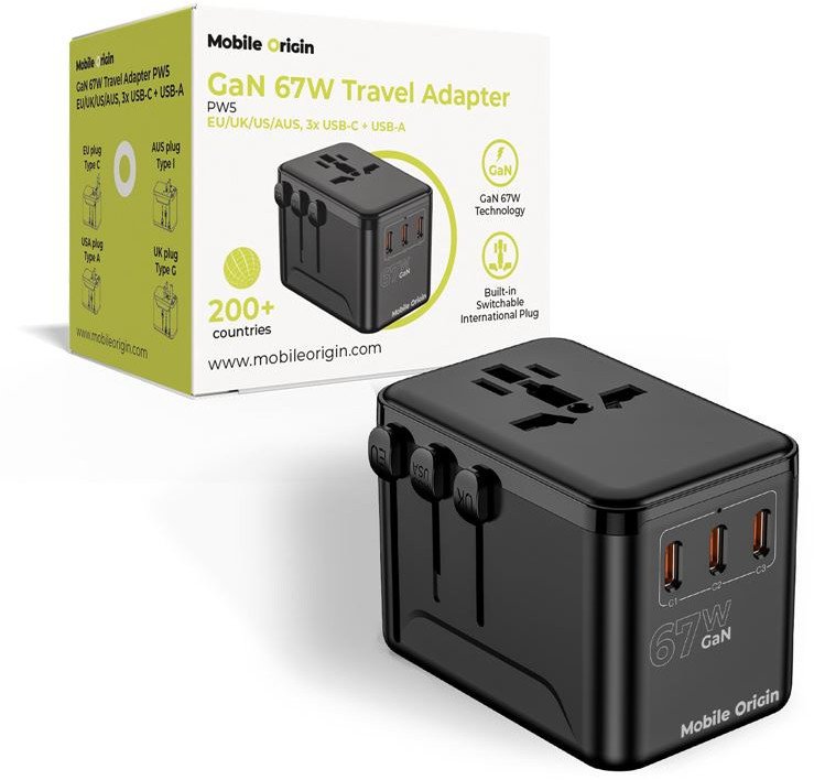 Mobile Origin GaN 67W Travel Adapter PW5 EU/UK/US/AUS, 3x USB-C + USB-A