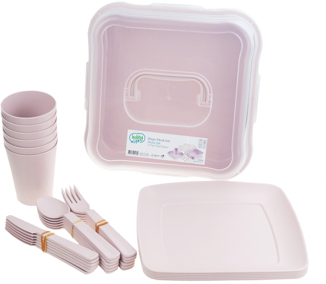 HOB031289 ZESTAW PIKNIKOWY 32 ELELEMENTY KUBKI SZTUĆCE POJEMNIK TALERZE PLASTIKOWE 1