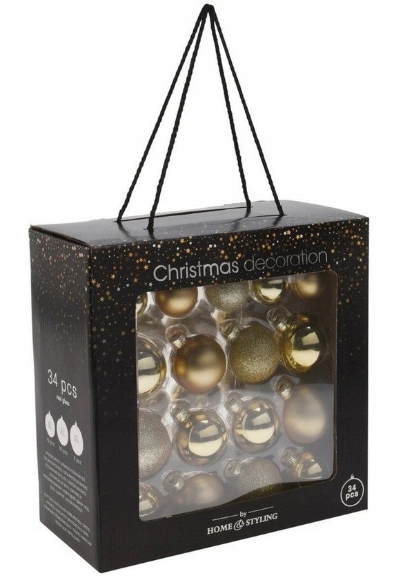 Glass Christmas tree toy set XMAS BALLS, gold color, 34 pcs. 1