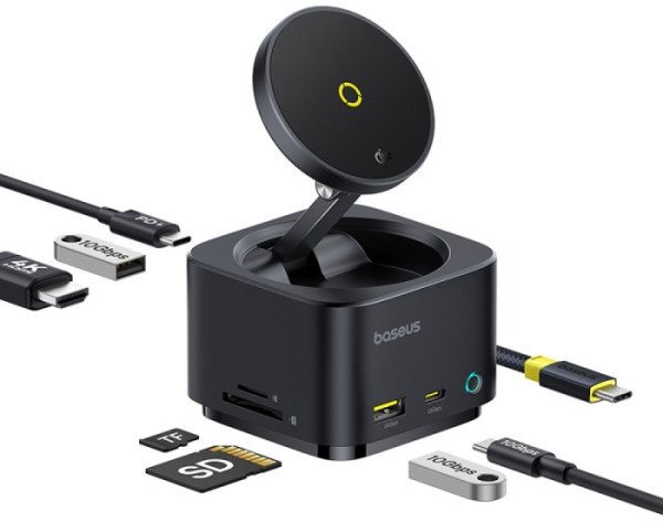 Hub USB-C 7w1 Baseus MagPro Series II z ładowarką kompatybilną z MagSafe 15W + HDMI + USB-A + USB-C + SD/TF - czarny 1