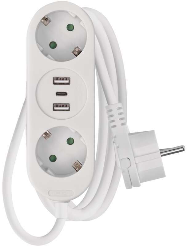 Ilgiklis 2 lizdu 1.4m, 2x USB + 1x USB-C (max galia 17W) 3x1.5 mm2 baltas EMOS 1