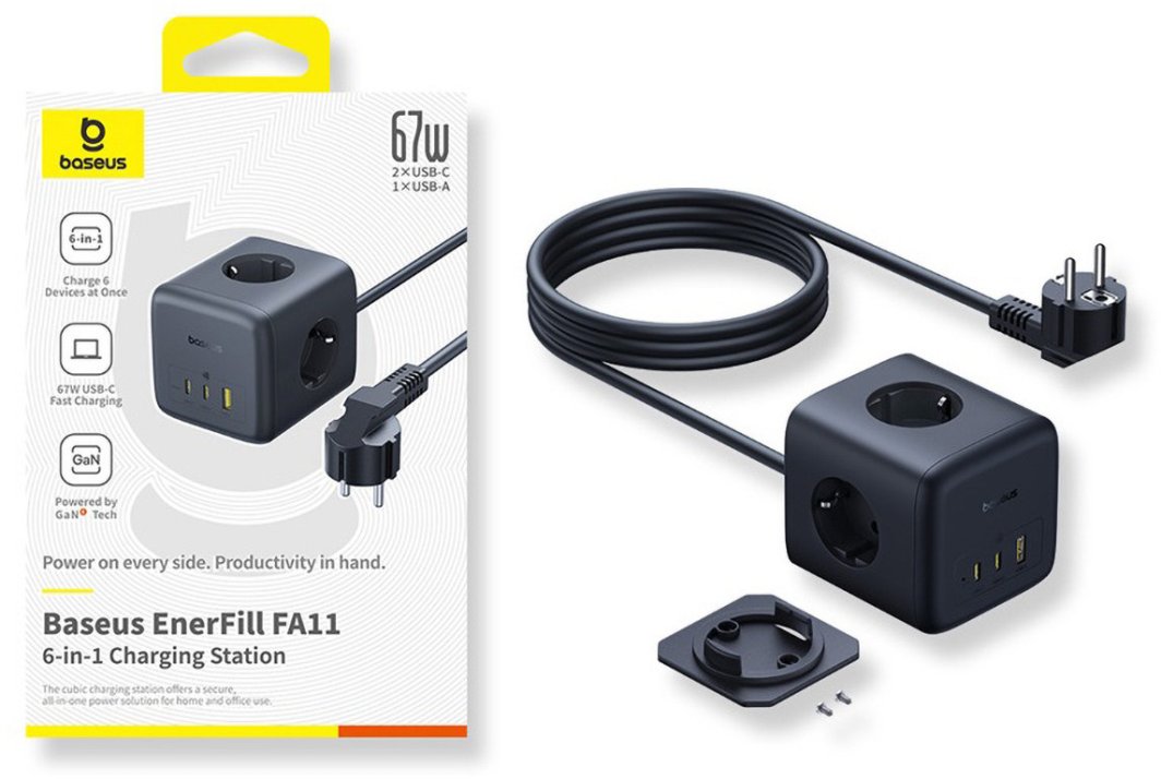 Listwa zasilająca Baseus EnerFill FA11 67W kostka USB-A + USB-C + 3 x gniazdo EU 1,5m - czarna 1