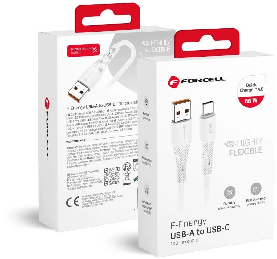 Kabel USB A do USB C Forcell F-Energy QC4.0 3A 66W Silicone 1 m C342 biały 1