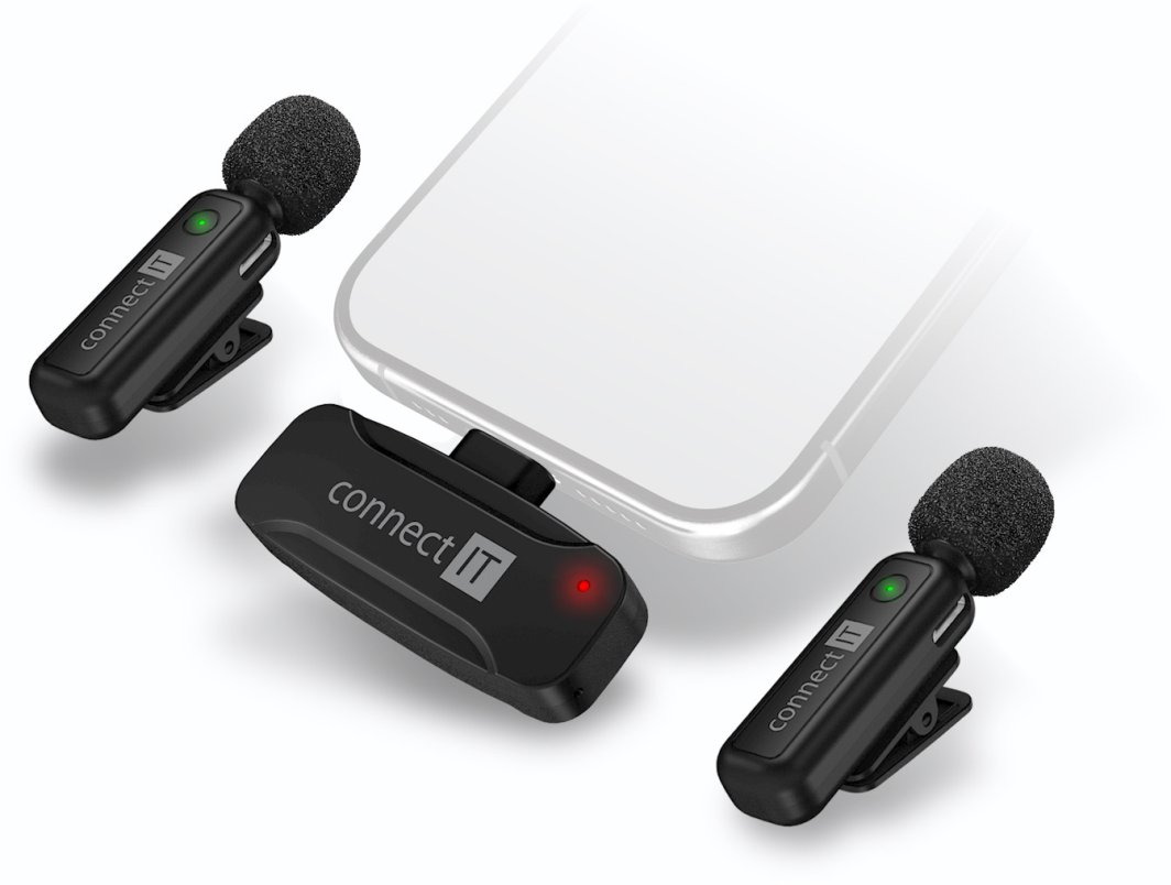 CONNECT IT Mikrofon ClipMic, 2x Bezdrátový Lavalier mikrofón s přijímačem, Lightning konektor, černá 1